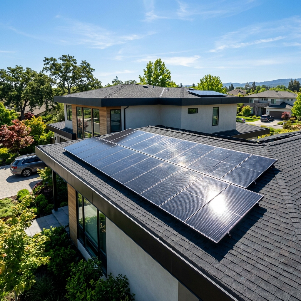 Painéis Solares Limpos instalados em telhado sob o sol